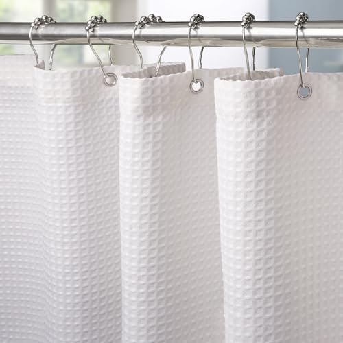 Waffle Weave Shower Curtain with Stainless Steel Hooks - 256 GSM Heavy Duty Fabric Bath Curtains. Hotel Luxury Quality. Water Resistant. Machine Washable. Weighted Hem. 72 x 72 Inches (White)