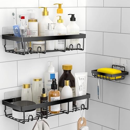 MOFOROCO 3-Pack Shower Caddy Basket Shelf with Soap Holder. No Drilling Traceless Adhesive Shower Wall Shelves. Rustproof Black Bathroom Shower Storage Organizer