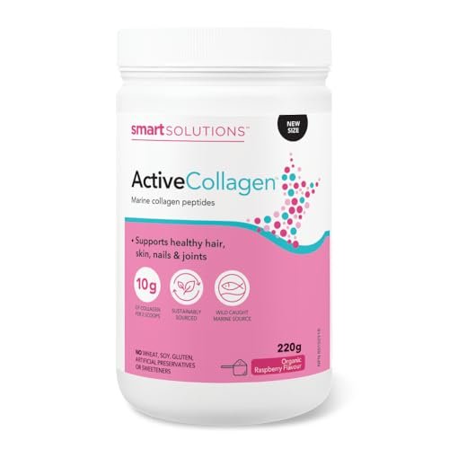 Smart Solutions Active Collagen Powder Organic Raspberry Flavour. with Hydrolyzed Wild Fish Collagen. Supports Healthy Hair. Skin. Nails. & Joints. 220 g