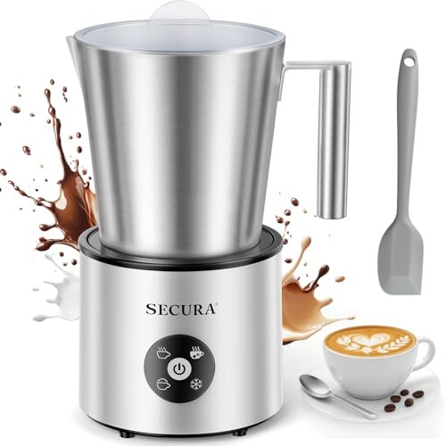 Secura 4-in-1 Automatic Milk Frother. 17oz Teflon-Free Stainless Steel Jug. Hot/Cold Foam Maker & Milk Warmer for Latte. Cappuccino. Macchiato. Hot Chocolate. Includes Silicone Spatula & 2 Whisks