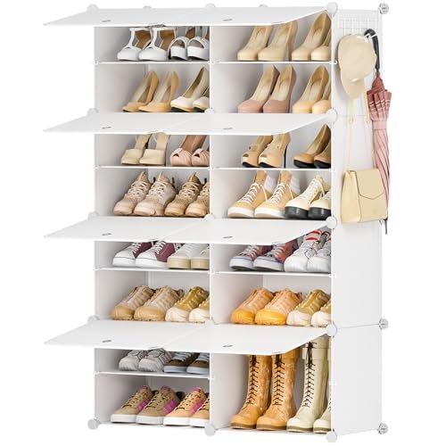 Shoe Rack - 8 Tier Shoe Storage Cabinet - 32 Pair Plastic Shoe Organizers Shoe Shelves with Doors for Closet Hallway Bedroom Entryway(White)