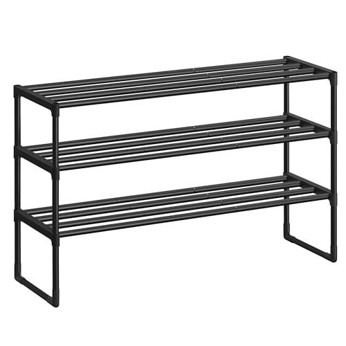 SONGMICS Shoe Rack. 3-Tier Shoe Organizer. Sturdy Storage Shelf. Upright or Upside Down. for 16-20 Pairs. Stackable. for Entryway. 30 x 92 x 55 cm. Black ULSA303B02