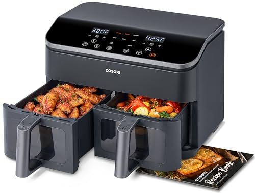 COSORI 9Qt 10-in-1 Dual Air Fryer. Fresh Balanced Meals for Family and Children with Double Baskets. Sync Cook & Finish to Bake. Roast. Reheat. Broil & 130 Recipes for Easy Cooking. Dishwasher Safe