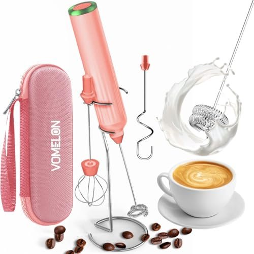 Milk Frother Handheld with 3 Stainless Steel Whisks. Rechargeable Electric Drink Mixer with Stand & Travel Case. Milk Foamer for Coffee. Latte. Cappuccino. Hot Chocolate. Egg.Jam Supplement-Pink