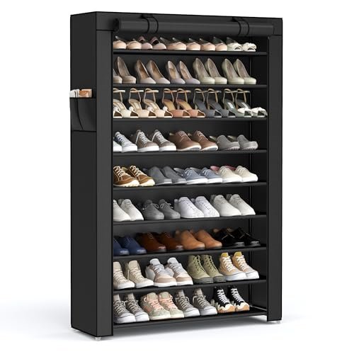 SONGMICS 9-Tier Shoe Rack. Shoe Storage Cabinet with Dustproof Cover. Free-Standing Shoe Storage Organizer for Closet. Entryway. Hold 40-50 Pairs of Shoes. for Sneakers. High Heels. Black URXJ36HV1
