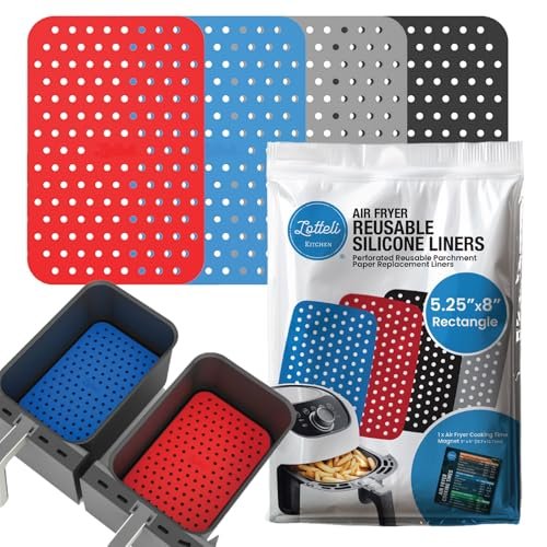 Reusable Air Fryer Liners 4 Pack for Dual Basket Fryers - Rectangle Silicone Airfryer Liners - 5.25 x 8 for Basket - Easy to Clean Air Fryer Accessories - Non-Stick Parchment Paper Replacement
