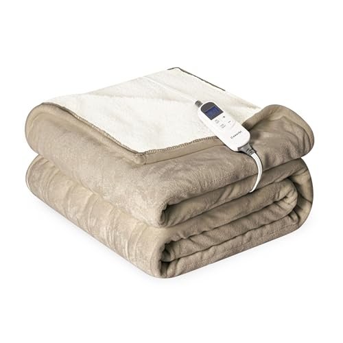 Heat Blanket 50x60 Throw.Soft Flannel & Sherpa Reversible Electric Blanket with 10 Heat Settings.12 Timer Setting and 8 Hours Auto-Shut Off.ETL Certified Machine Washable.Light Brown