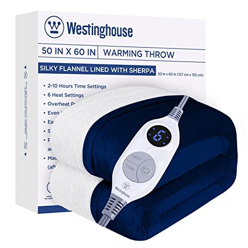 Westinghouse Electric Blanket Throw Heated Blanket with 6 Heating Levels and 2-10 Hours Time Settings. Flannel to Sherpa Super Cozy Heated Blanket Machine Washable. 50x60 inch. Navy