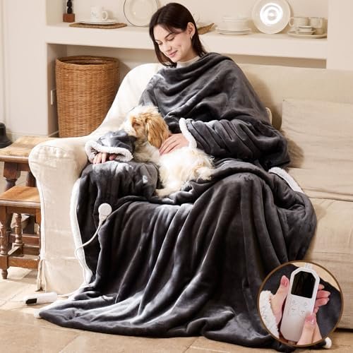 Wearable Heated Blanket with Foot Pocket - Electric Blanket with Sleeves. Portable Heated Throw Blanket for Women Men. Heated Snuggie with 8 Heating Levels. 1 to 12 Hours Time Settings. 70 x 50