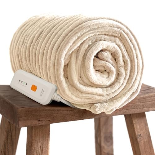 Gotcozy Electric Blanket Heated Throw 50''X60''- Ribbed Faux Fur Heated Blanket with 4 Heating Level & 3 Hour Auto Off Heating Blanket. ETL&FCC Certified Machine Washable(Eggnog)