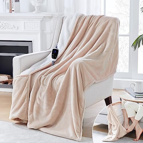 Sealy Electric Blanket with Foot Pocket for Adults. Flannel & Sherpa Heated Blanket Throw with 6 Heating Levels & 2-10 Hours Auto Shut Off. Fast Heating & Machine Washable. 50x62 Inch. Beige