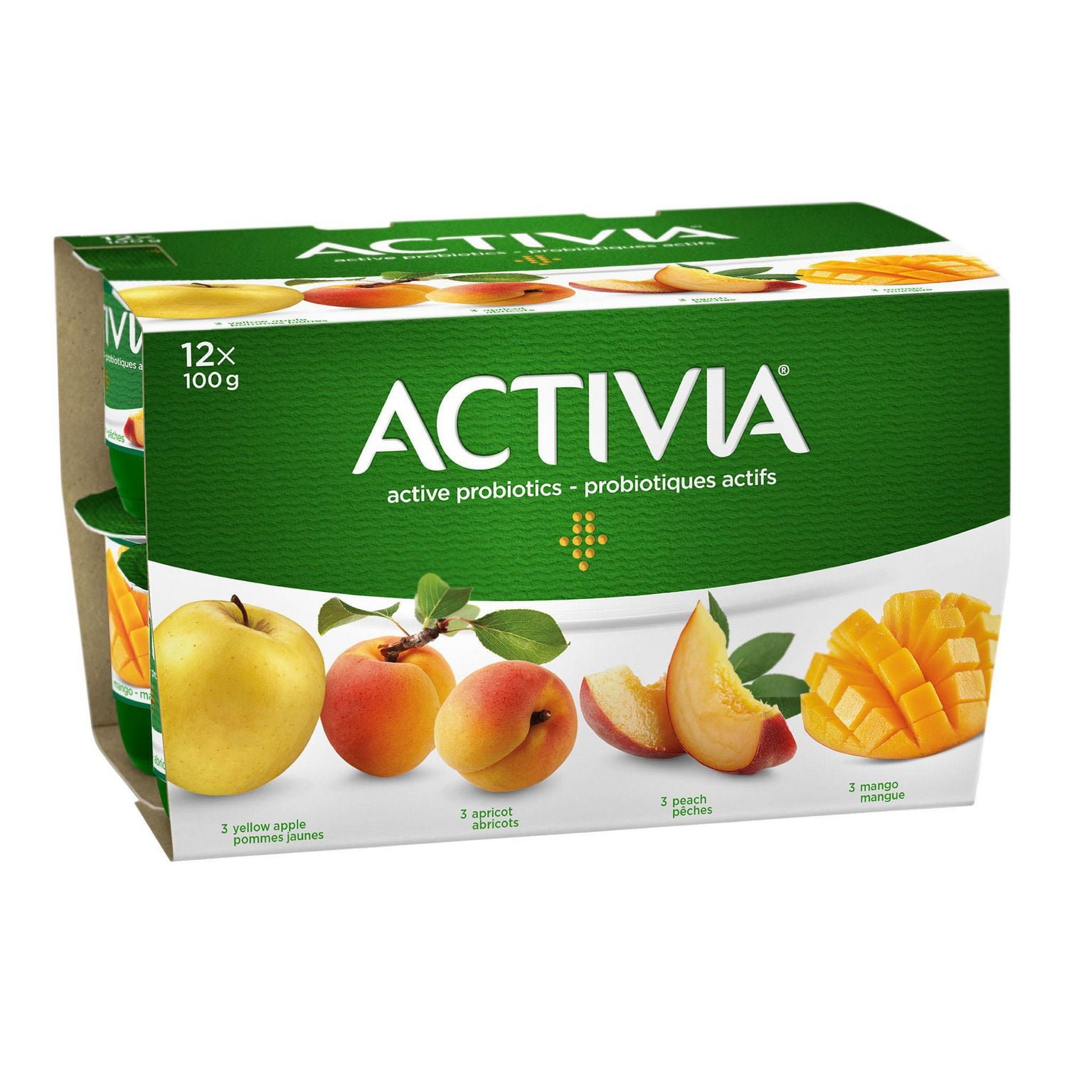 Activia Probiotics Yogurt. Yellow Apple/Apricot/Mango/Peach.. 12 x 100g