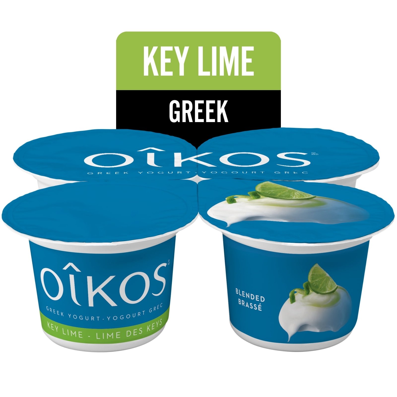 Oikos Greek Yogurt. Key Lime Flavour. 2% M.F..  Blended. 4 x 100g Greek Yogurt Cups