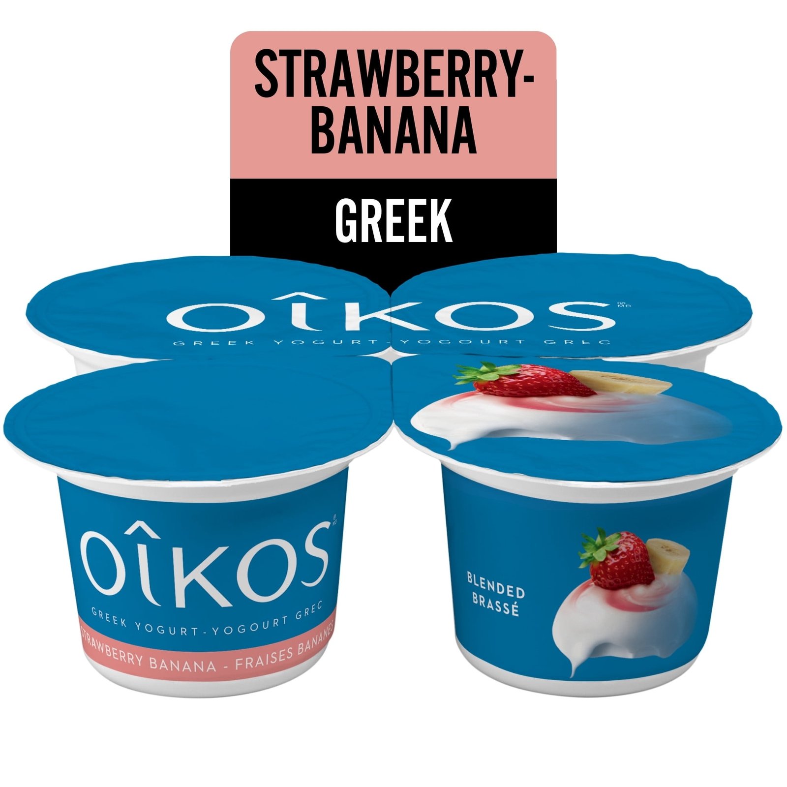 Oikos Greek Yogurt. Strawberry-Banana Flavour. Blended. 2% M.F.. 4 x 100g Greek Yogurt Cups