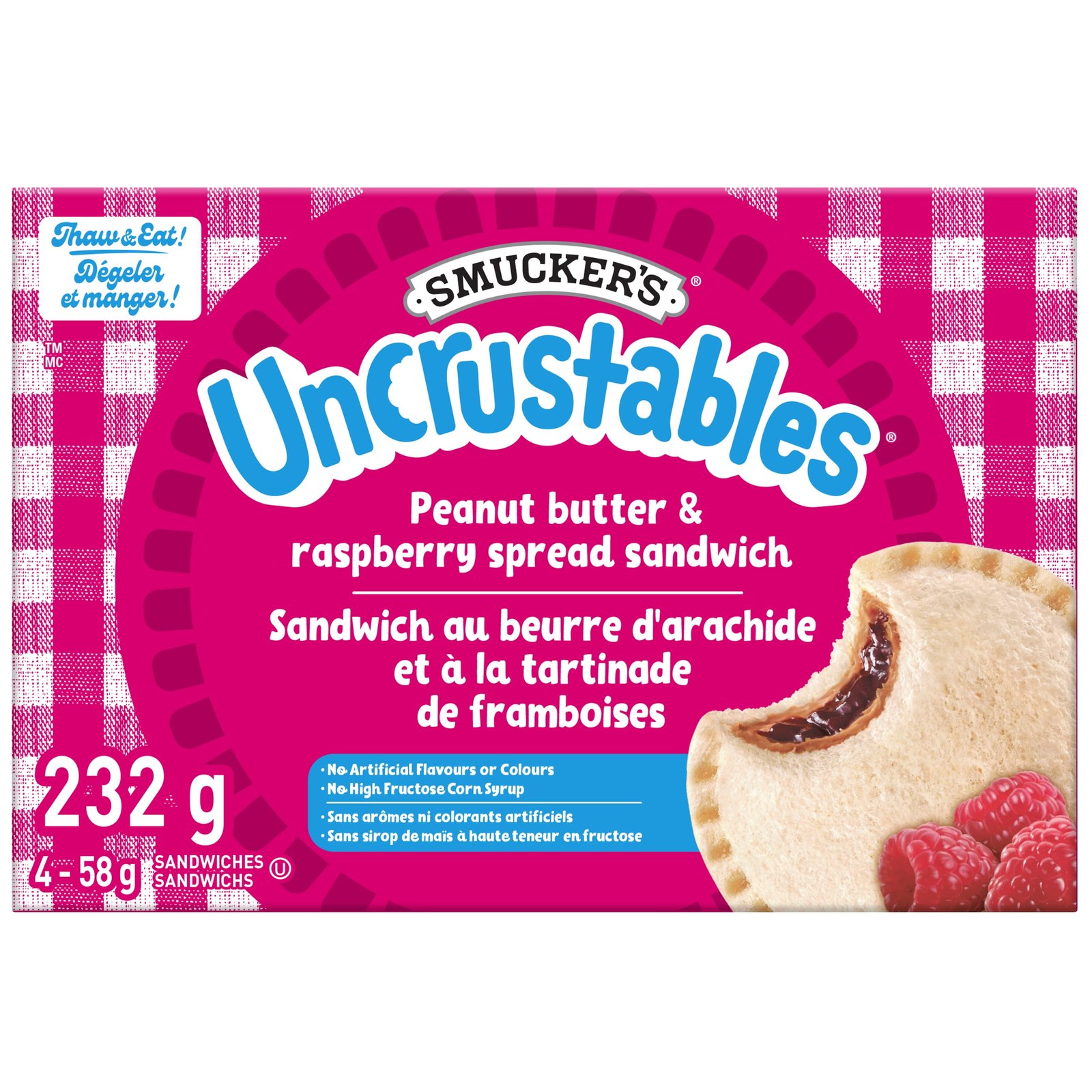 Smucker's Uncrustables Peanut Butter & Raspberry Spread Sandwich. Frozen. Pack of 4. 58g