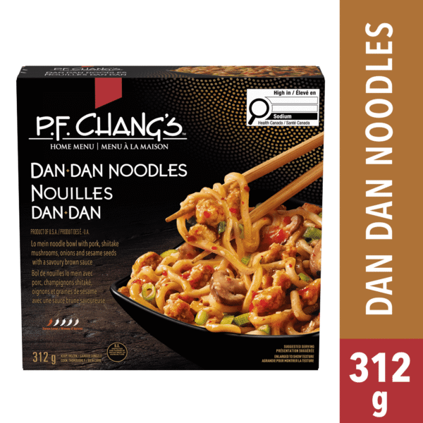P.F. Chang's Home Menu Pork Dan Dan Noodles Bowl Frozen Dinner. Lo mein noodle bowl with pork. shiitake mushrooms. onions and sesame seeds in sauce. Dan Dan Noodles Frozen Meal. 312g