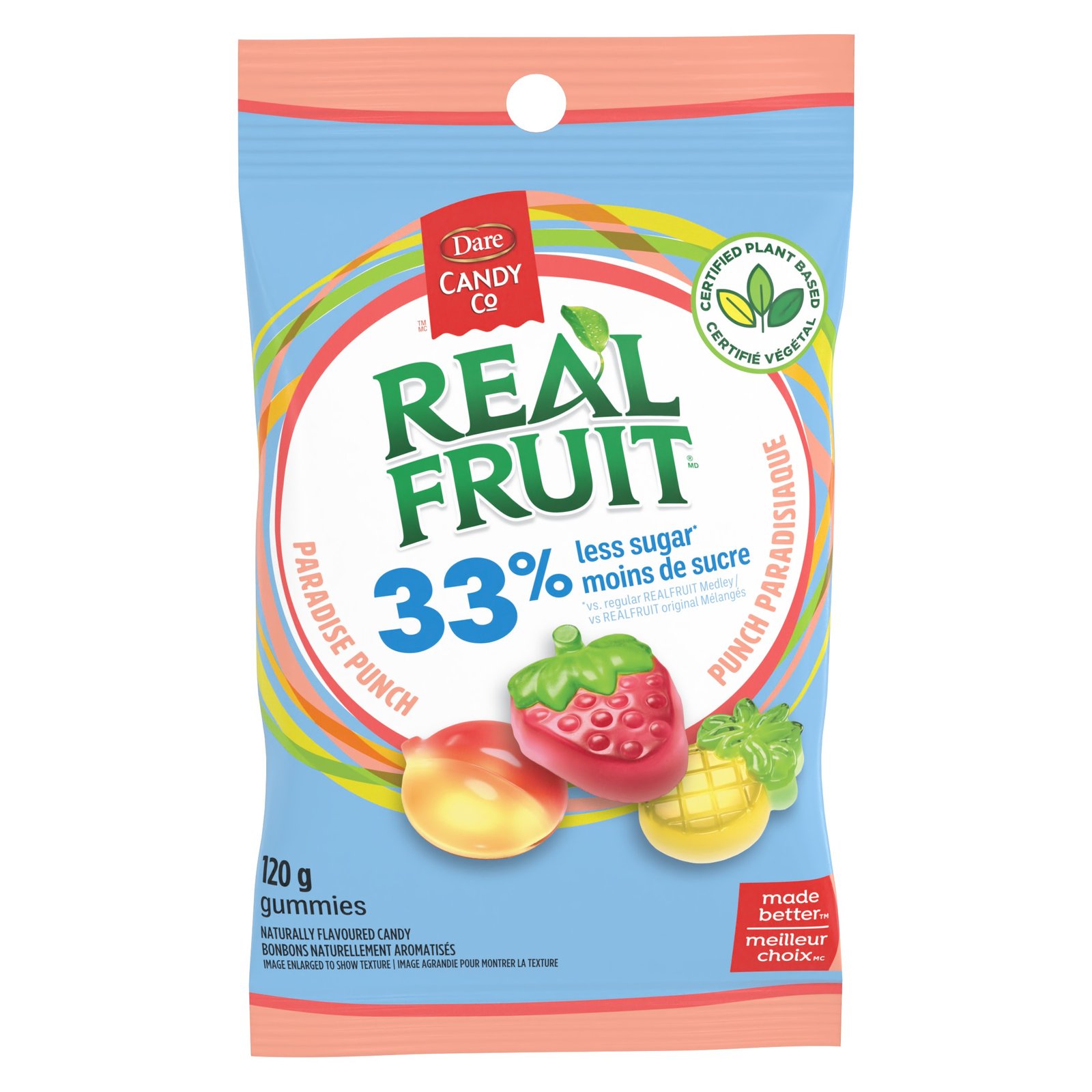 REALFRUIT 33% Less Sugar Paradise Punch. Dare Candy. 120 gr