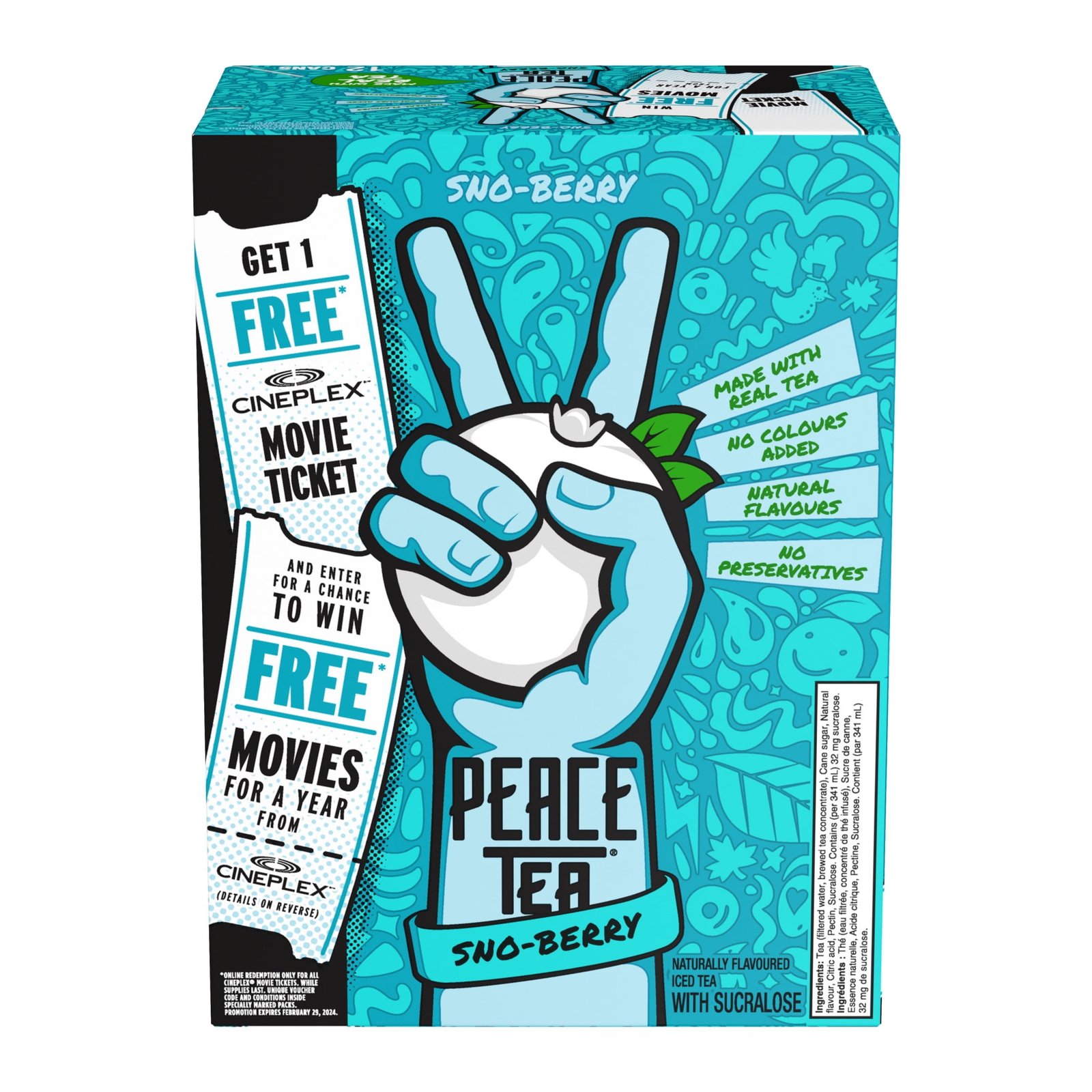 Peace Tea Sno-Berry Cans. 341 mL. 12 Pack. 12 x 341 mL
