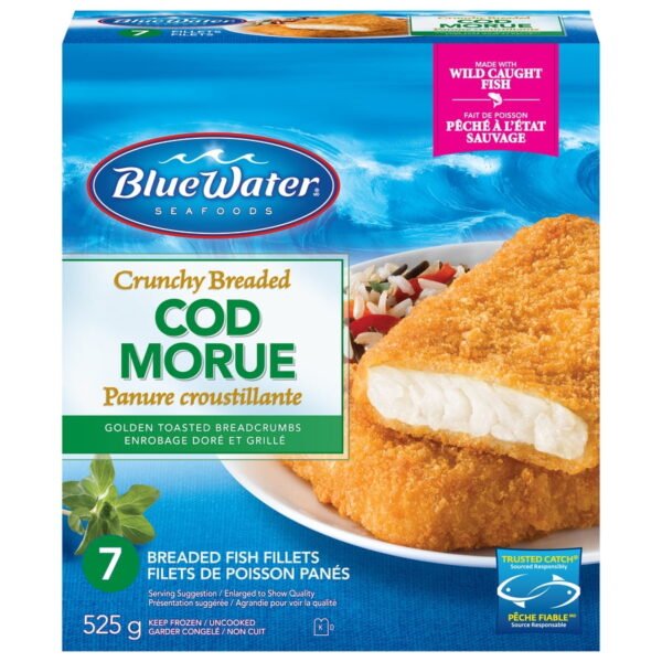 BlueWater Seafoods Crunchy Breaded Fish Fillets. Wild Caught Cod with Crunchy Panko Breadcrumbs. Frozen. 7 Count. 525g. Breaded wild-caught cod fish fillets