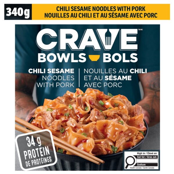 CRAVE Chili Sesame Noodles with Pork Noodle Bowl. 340 g Box. CRAVE CHILI SESAME NOODLES W/PORK