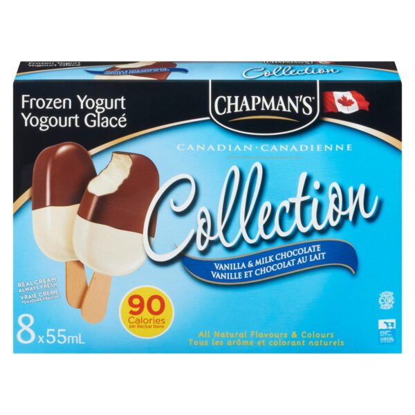 Chapman's Low Calorie Canadian Collection Vanilla & Milk Chocolate Frozen Yogurt bar in a Carton. 8 x 55mL