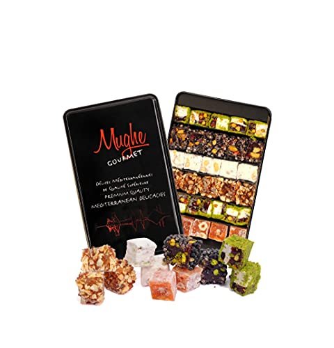 Mughe Gourmet Luxury Sultan Pistachio Turkish Delight Candy Elegant Gift Tin Box - 1.44lb/650g - Lokum Delights Orange. Hazelnut. Almonds - Halal and Vegetarian - Perfect Gifts for Mother's Day. Father's Day. Birthday