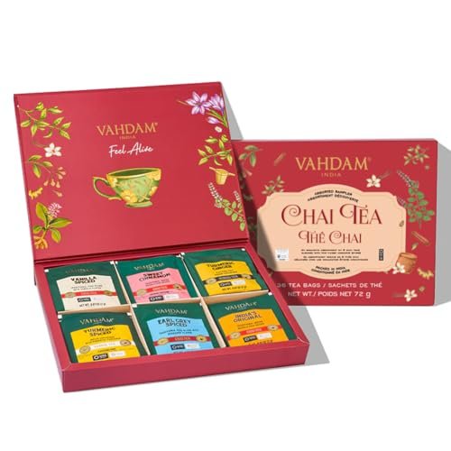 VAHDAM. Assorted Chai Tea Variety Pack (6 Delicious Flavors. 36 Eco Friendly Pyramid Tea Bags) Caffeinated. Gluten Free. Non GMO | Indian Masala Chai Tea Blends | Christmas Tea Gift Set
