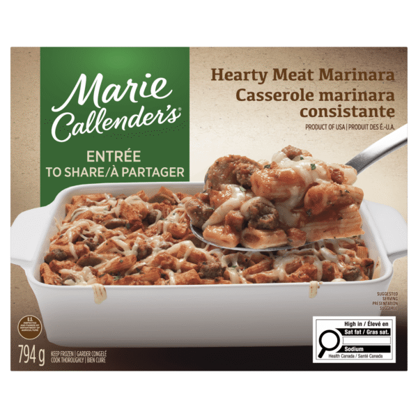 Marie Callender's Hearty Meat Marinara Frozen Dinner. Hearty Meal Casserole. Includes pasta from scratch and vine ripened tomatoes. Hearty Meat Marinara Frozen Meal. 794g