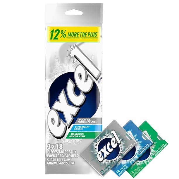 EXCEL. Variety Mint Flavoured Sugar Free Chewing Gum. 18 Pieces. 3 Packs. 3 Packs. 18 Pellets