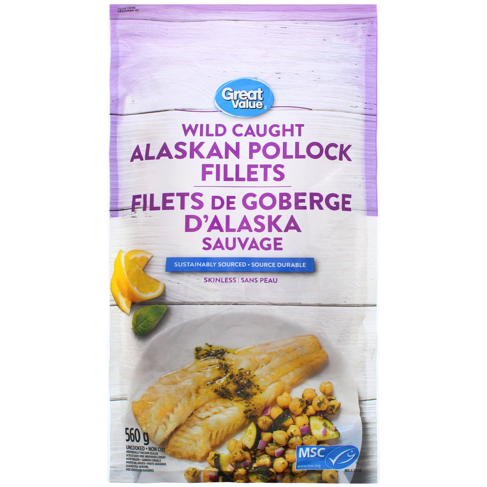 Great Value Wild Caught Alaskan Pollock Fillets. 560 g