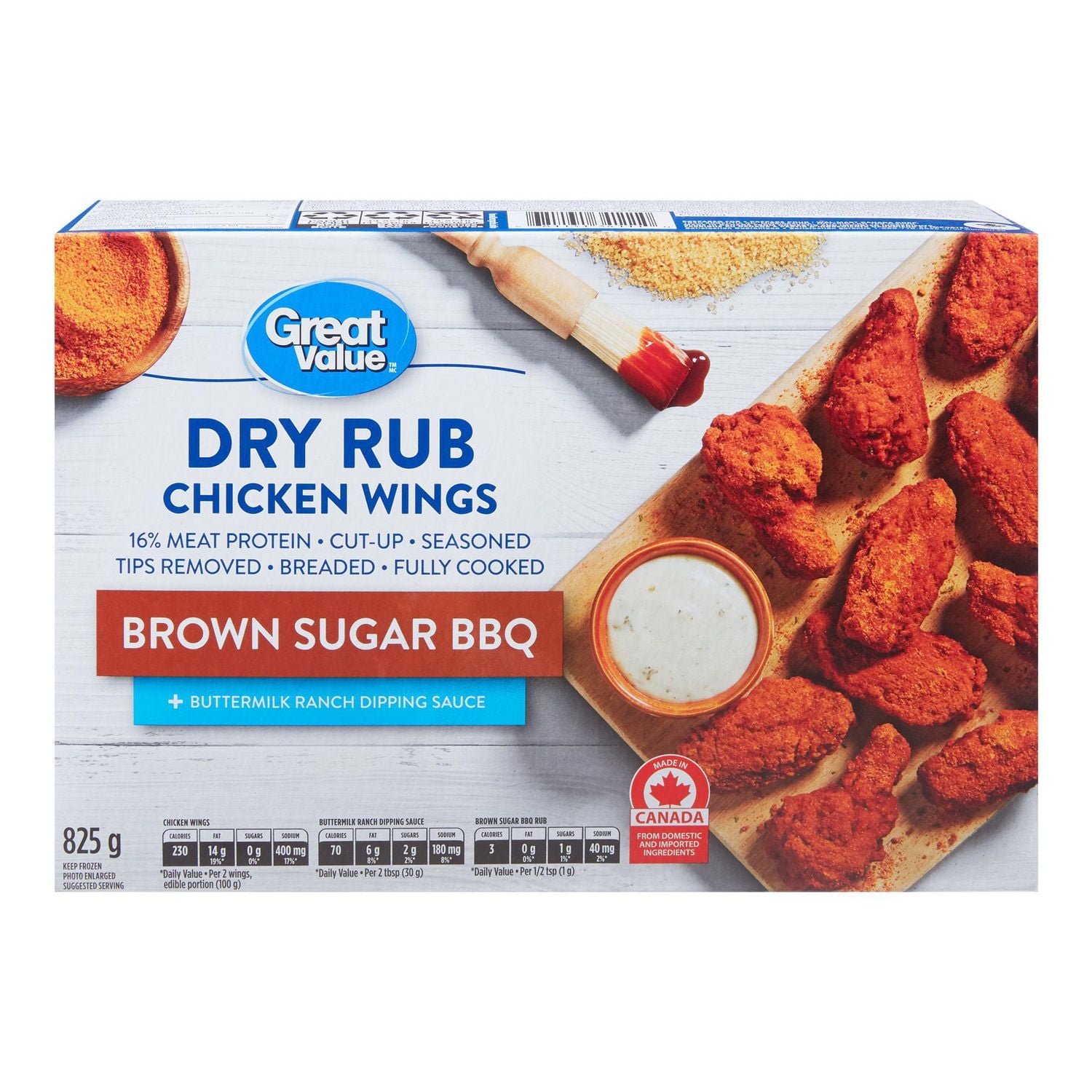 Great Value Frozen Dry Rub Brown Sugar BBQ Chicken Wings. 825g