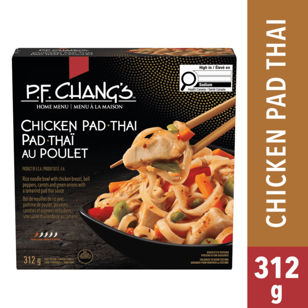 P.F. Chang's Home Menu Chicken Pad Thai Frozen Dinner. Rice noodles with chicken breast. bell peppers. carrots and green onions with a pad thai sauce. Chicken Pad Thai Frozen Meal. 312g