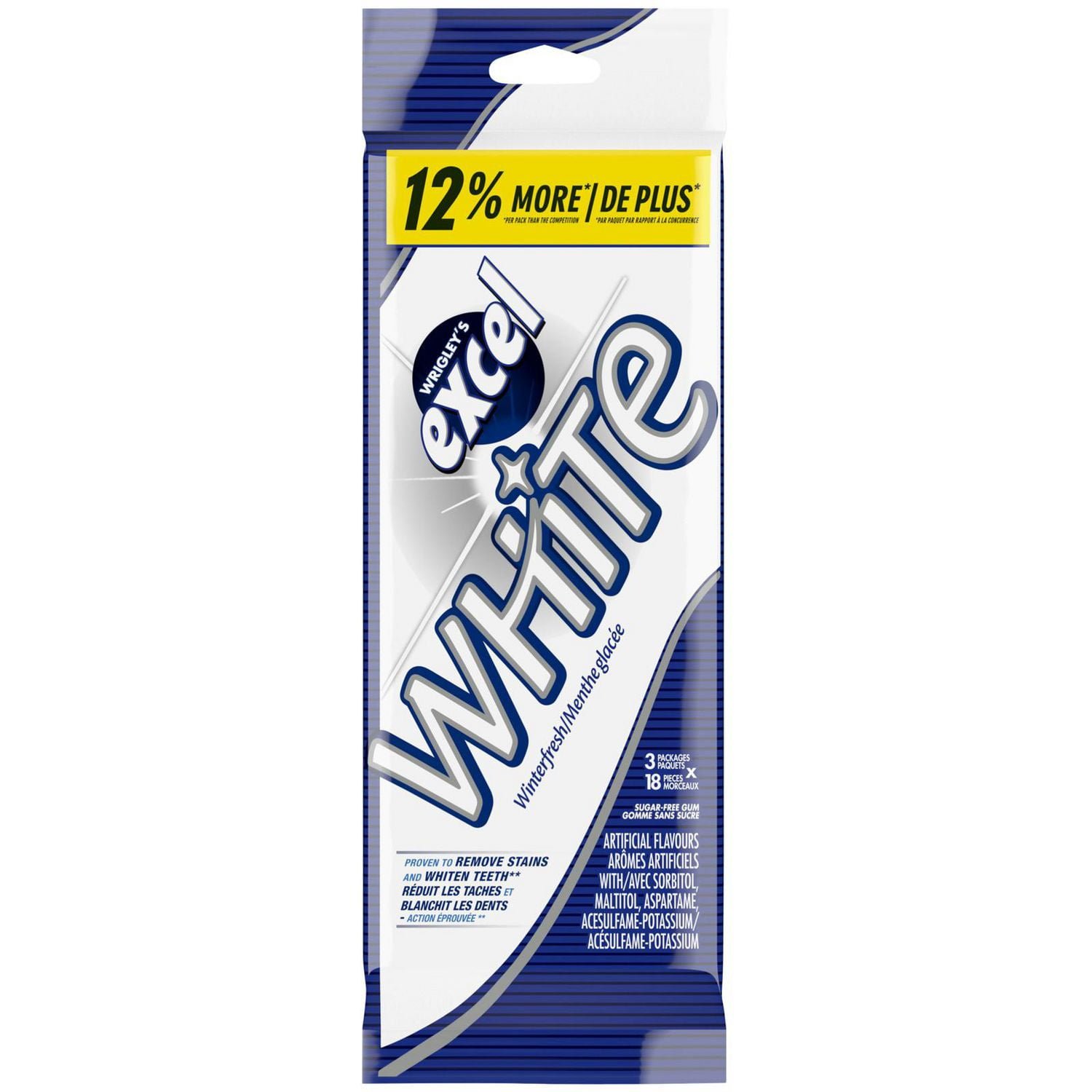 EXCEL White Winterfresh. Teeth Whitening Sugar Free Chewing Gum. 18 Pieces. 3 Packs. 3 Packs. 18 Pellets
