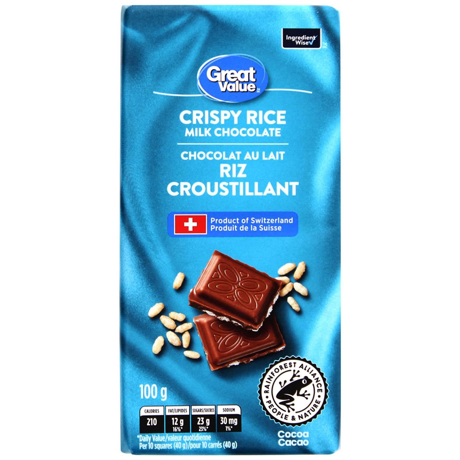 Great Value Crispy Rice Milk Chocolate bar. 100 g