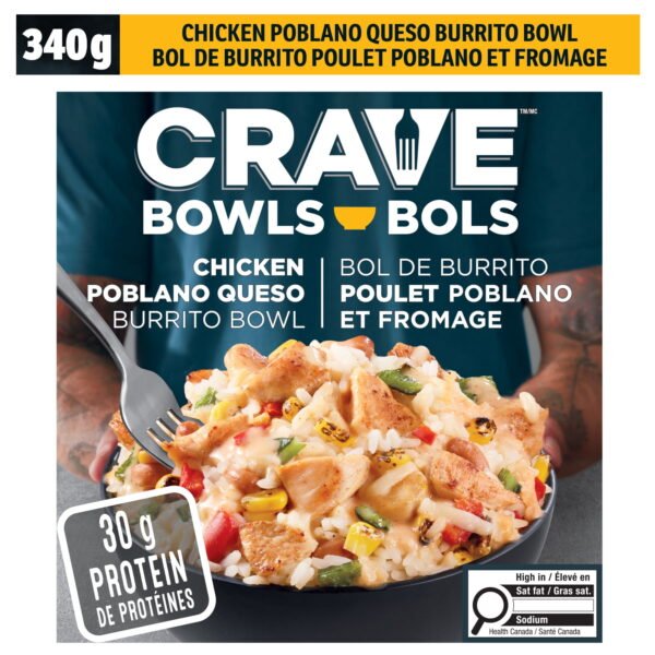 CRAVE Chicken Poblano Queso Burrito Bowl. 340 g Box. CRAVE CHICKEN POBLANO BURRITO BOWL