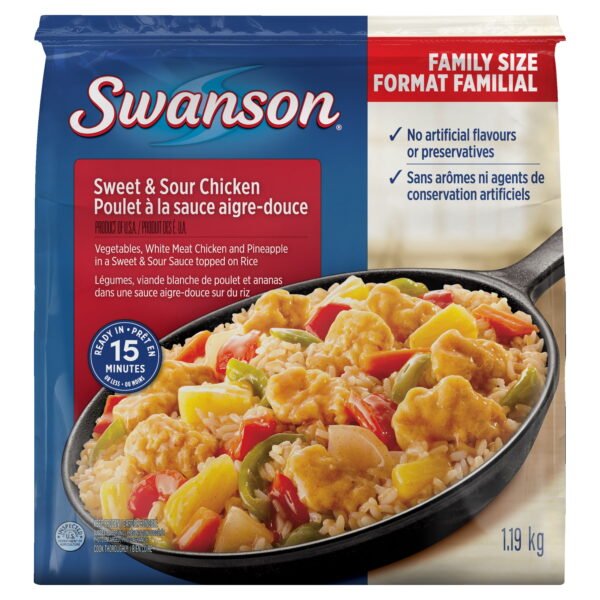 Swanson Sweet & Sour Chicken: frozen meal with vegetables. chicken and pineapple in a sweet and sour sauce topped on rice. 1.19 kg