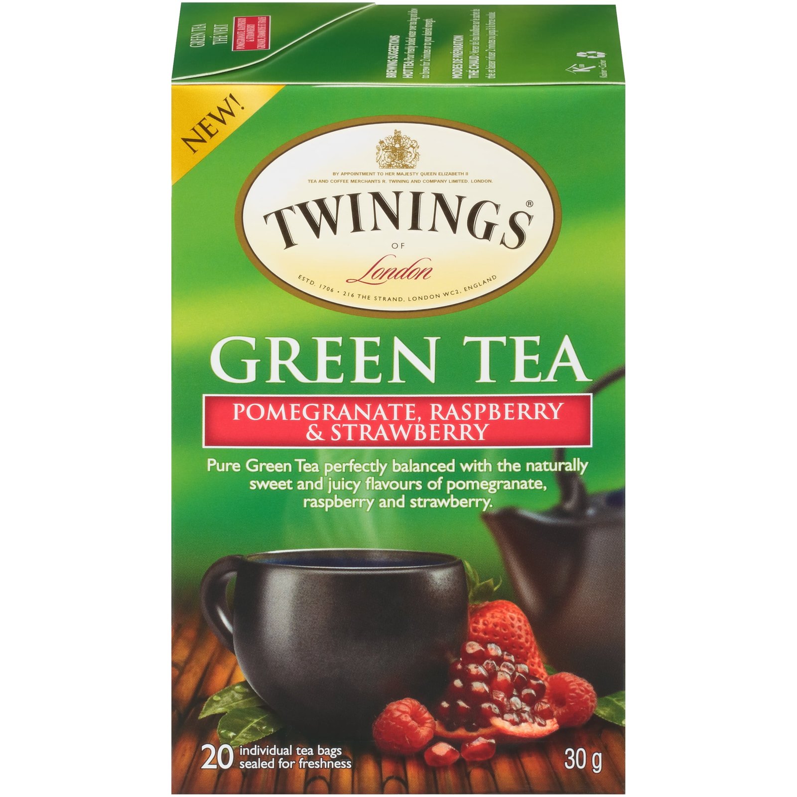 Twinings Green Tea with Pomegrante. Raspberry & Strawberry Tea Bags. 20 Count Box. Pack of 20 Tea Bags