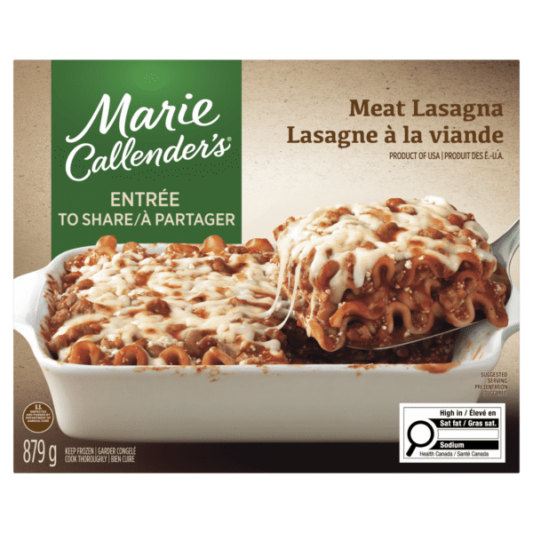 Marie Callender's Meat Lasagna Frozen Dinner. Hearty Meal. Includes pasta from scratch and vine ripened tomatoes. Made with beef and pork. Meat Lasagna Frozen Meal. 879g